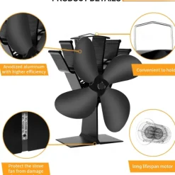 4 Blade Wood Stove Fan, Heat Powered Fireplace Fan for Efficient Warm Air Circulation, Silent Operation Stove Accessories for Log/Wood Stove, Durable Design