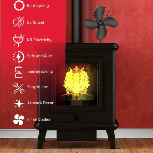 4 Blade Wood Stove Fan, Heat Powered Fireplace Fan for Efficient Warm Air Circulation, Silent Operation Stove Accessories for Log/Wood Stove, Durable Design