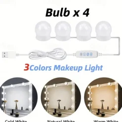 10 Bulbs 3 Colours LED Make Up Mirror Light Bulbs USB Vanity Makeup Mirror Lights Bathroom Dressing Table Lighting Dimmable LED Wall Lamp