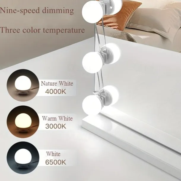 10 Bulbs 3 Colours LED Make Up Mirror Light Bulbs USB Vanity Makeup Mirror Lights Bathroom Dressing Table Lighting Dimmable LED Wall Lamp