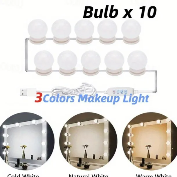 10 Bulbs 3 Colours LED Make Up Mirror Light Bulbs USB Vanity Makeup Mirror Lights Bathroom Dressing Table Lighting Dimmable LED Wall Lamp