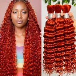 3 Bundles Bulk Hair Ginger Human Hair Deep Wave Extension Bundle Hair 10-28Inch