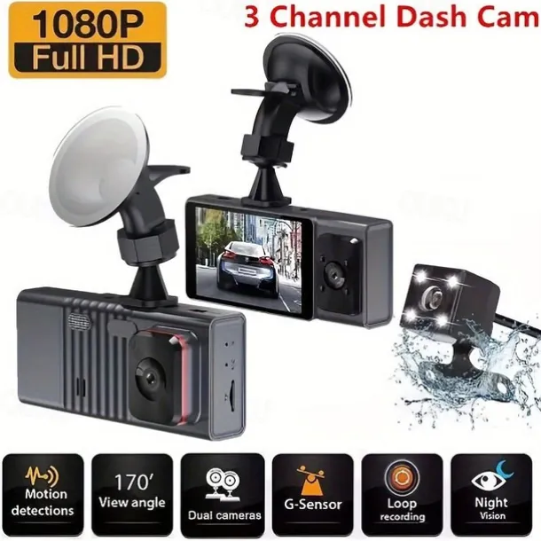 3 Channel Dash Cam Front And Rear Inside 1080P Dash IR Night Vision Loop Recording Car DVR Camera With 3 Inch IPS Screen 3 Cameras Car Dashcam