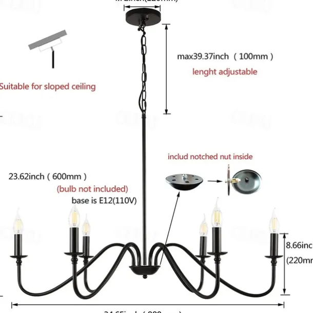 88 cm LED Pendant Light 6 Light Candle Style Industrial Iron for Dining Room, Living Room, Kitchen Black Modern Traditional / Classic 220-240V