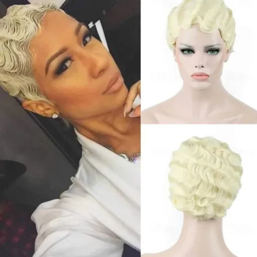 7 Colors Women Black Blonde Golden Brown Pink Blue Wine Red Short Finger Wave Curly Wigs Nuna Wigs Janet Collection Halloween Wigs