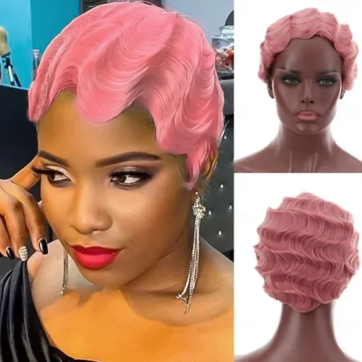 7 Colors Women Black Blonde Golden Brown Pink Blue Wine Red Short Finger Wave Curly Wigs Nuna Wigs Janet Collection Halloween Wigs