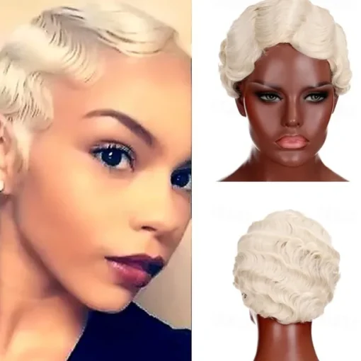 7 Colors Women Black Blonde Golden Brown Pink Blue Wine Red Short Finger Wave Curly Wigs Nuna Wigs Janet Collection Halloween Wigs