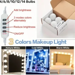 3 Colours LED Make Up Mirror Light Bulbs USB Vanity Makeup Mirror Lights Bathroom Dressing Table Lighting Dimmable LED Wall Lamp