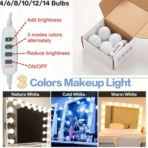 3 Colours LED Make Up Mirror Light Bulbs USB Vanity Makeup Mirror Lights Bathroom Dressing Table Lighting Dimmable LED Wall Lamp