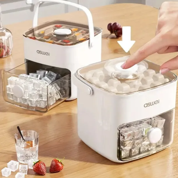 48 Compartment Easy Lid Ice Cube Dispenser - Large Capacity Double Tier Design Food Grade Plastic Freezer Storage Tray for Whiskey & Cocktails Essential Kitchen Gadgets