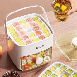 48 Compartment Easy Lid Ice Cube Dispenser - Large Capacity Double Tier Design Food Grade Plastic Freezer Storage Tray for Whiskey & Cocktails Essential Kitchen Gadgets