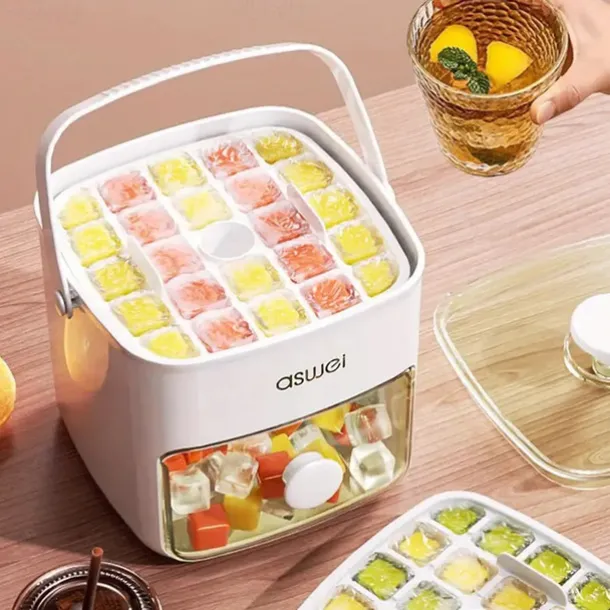 48 Compartment Easy Lid Ice Cube Dispenser - Large Capacity Double Tier Design Food Grade Plastic Freezer Storage Tray for Whiskey & Cocktails Essential Kitchen Gadgets