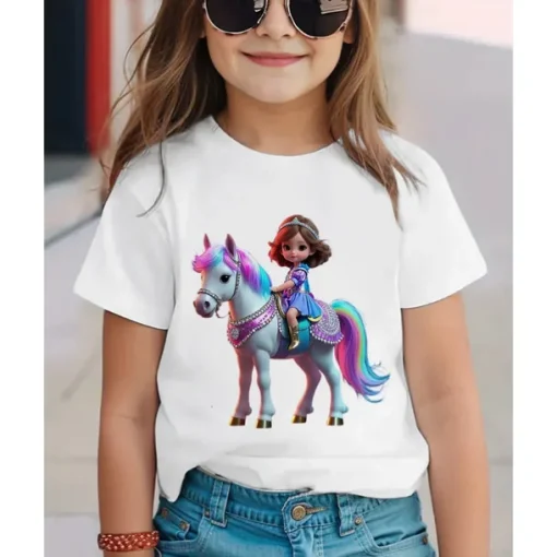 100% Cotton Kids Girls' 1 2 3 Horse T shirt Tee Crew Neck Short Sleeve Outdoor Vacation Daily Classic Casual Print Summer