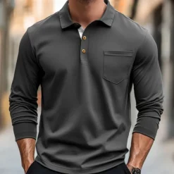 100% Cotton Men's Polo Shirt Golf Polo Formal Work Classic Long Sleeve Color Block Button Summer Spring & Fall Army Green Dark Grey Black Burgundy Navy Blue Polo Shirt