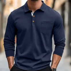 100% Cotton Men's Polo Shirt Golf Polo Formal Work Classic Long Sleeve Color Block Button Summer Spring & Fall Army Green Dark Grey Black Burgundy Navy Blue Polo Shirt