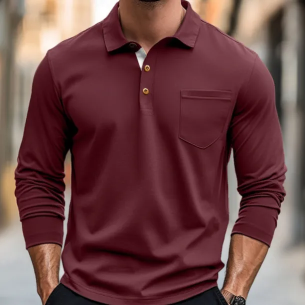 100% Cotton Men's Polo Shirt Golf Polo Formal Work Classic Long Sleeve Color Block Button Summer Spring & Fall Army Green Dark Grey Black Burgundy Navy Blue Polo Shirt