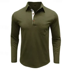 100% Cotton Men's Polo Shirt Golf Polo Formal Work Classic Long Sleeve Color Block Button Summer Spring & Fall Army Green Dark Grey Black Burgundy Navy Blue Polo Shirt
