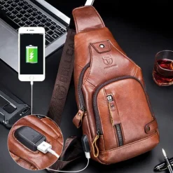 2023 cowhide Leather Casual Fashion Crossbody Chest Bag men's leather bag USB Charging Travel Shoulder Bag Daypack Male