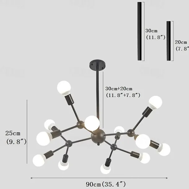 12 Heads 90cm Chandelier Sputnik Light Nordic Gold Black Painted Finishes Cluster Design Metal Ceiling Light for Living Room Bulb not Included 60W