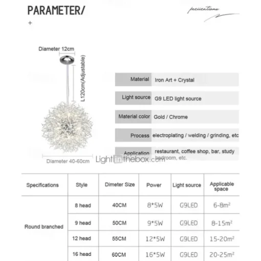 8/9/12 Heads LED Pendant Light Nordic Dandelion Chandelier Fireworks Crystal Lamp Artistic Living Room Dining Room Bedroom Lamp Romantic Clothing Store Bar Lamp 15-22inch