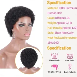 100% Human Hair Short Black Afro Kinky Curly Wigs for Women 130% Natural Color Full Machine Made Hair Human Hair Capless Wigs None Lace Wigs 4 Inch