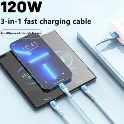 3 In 1 Design For Mac 120W USB C Multi Fast Charging Cable 3in1 Multiple Phone Charger Cable USB C Multi Cable With Type C/Micro USB/IP For Samsung S23 S22 S21 For IPhone 14 13 12 11 X XS 8 7 Pad