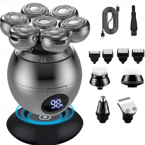 6 In 1 Electric Head Shaver for Bald Men 7D Floating Cutter Beard Trimmer Clipper IP68 Waterproof Shaving USB Wireless Charging Christmas Gift