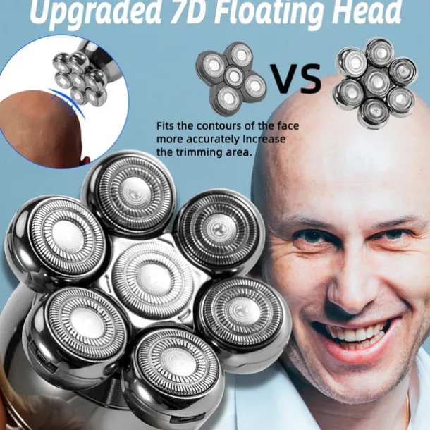 6 In 1 Electric Head Shaver for Bald Men 7D Floating Cutter Beard Trimmer Clipper IP68 Waterproof Shaving USB Wireless Charging Christmas Gift