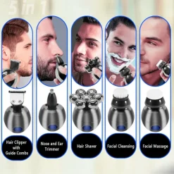 6 In 1 Electric Head Shaver for Bald Men 7D Floating Cutter Beard Trimmer Clipper IP68 Waterproof Shaving USB Wireless Charging Christmas Gift