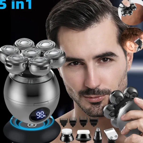 6 In 1 Electric Head Shaver for Bald Men 7D Floating Cutter Beard Trimmer Clipper IP68 Waterproof Shaving USB Wireless Charging Christmas Gift