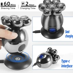 6 In 1 Electric Head Shaver for Bald Men 7D Floating Cutter Beard Trimmer Clipper IP68 Waterproof Shaving USB Wireless Charging Christmas Gift