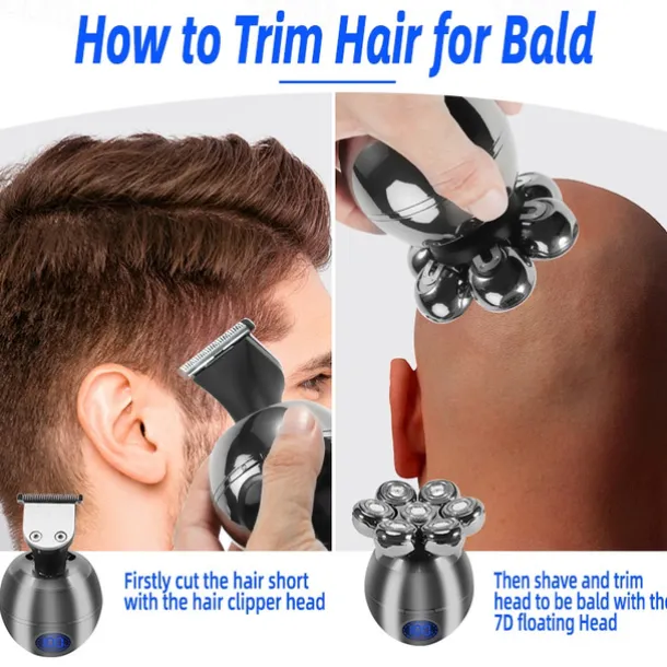 6 In 1 Electric Head Shaver for Bald Men 7D Floating Cutter Beard Trimmer Clipper IP68 Waterproof Shaving USB Wireless Charging Christmas Gift