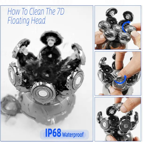 6 In 1 Electric Head Shaver for Bald Men 7D Floating Cutter Beard Trimmer Clipper IP68 Waterproof Shaving USB Wireless Charging Christmas Gift