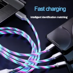 3 in 1 Luminous Multi Charging Cable for iPhone 14 13 12 Pro Max USB A to Lightning / micro / USB C Fast Charging Flowing Light Durable Date Cable For Samsung Xiaomi Huawei Phone Accessory