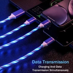 3 in 1 Luminous Multi Charging Cable for iPhone 14 13 12 Pro Max USB A to Lightning / micro / USB C Fast Charging Flowing Light Durable Date Cable For Samsung Xiaomi Huawei Phone Accessory