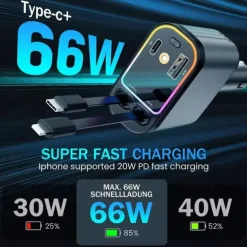 4 In 1 Retractable Car Charger Starlight In Car Roof 100w USB Type C Ports Super Fast Car Phone Charger Car Adapter for iphone
