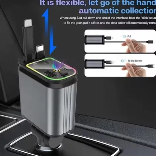 4 In 1 Retractable Car Charger Starlight In Car Roof 100w USB Type C Ports Super Fast Car Phone Charger Car Adapter for iphone