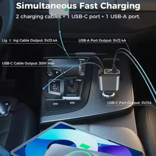 4 In 1 Retractable Car Charger Starlight In Car Roof 100w USB Type C Ports Super Fast Car Phone Charger Car Adapter for iphone