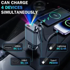 4 In 1 Retractable Car Charger Starlight In Car Roof 100w USB Type C Ports Super Fast Car Phone Charger Car Adapter for iphone