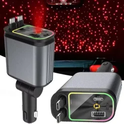 4 In 1 Retractable Car Charger Starlight In Car Roof 100w USB Type C Ports Super Fast Car Phone Charger Car Adapter for iphone