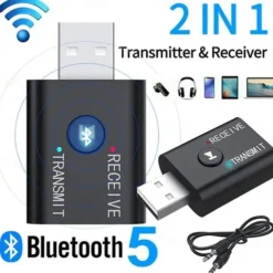 2 In 1 USB Bluetooth 5.0 Dongle Adapter Receiver Transmitter Stereo Wireless Audio Adapter USB 3.5mm for PC Desktops Headphones