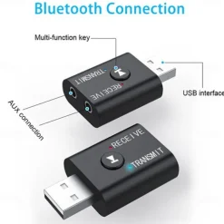 2 In 1 USB Bluetooth 5.0 Dongle Adapter Receiver Transmitter Stereo Wireless Audio Adapter USB 3.5mm for PC Desktops Headphones