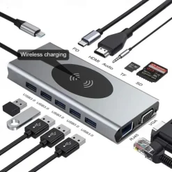 13 IN 1 USB C HUB Adapter with Wireless Charging USB C To HDMI 3.5mm Jack Audio SD TF HDMI VGA RJ45 USB3.0 Docking Station for MacbookPRO
