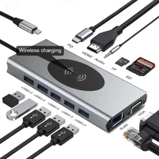 13 IN 1 USB C HUB Adapter with Wireless Charging USB C To HDMI 3.5mm Jack Audio SD TF HDMI VGA RJ45 USB3.0 Docking Station for MacbookPRO