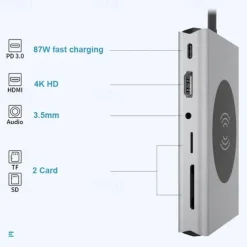 13 IN 1 USB C HUB Adapter with Wireless Charging USB C To HDMI 3.5mm Jack Audio SD TF HDMI VGA RJ45 USB3.0 Docking Station for MacbookPRO