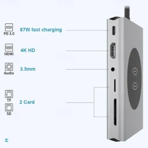 13 IN 1 USB C HUB Adapter with Wireless Charging USB C To HDMI 3.5mm Jack Audio SD TF HDMI VGA RJ45 USB3.0 Docking Station for MacbookPRO