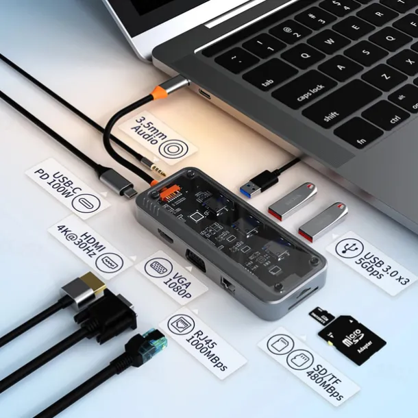 8/10 in 1 USB C HUB 4K30Hz Dock Station Type C to HDMI-Compatible RJ45 Ethernet PD100W for PC