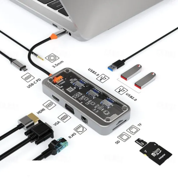 8/10 in 1 USB C HUB 4K30Hz Dock Station Type C to HDMI-Compatible RJ45 Ethernet PD100W for PC