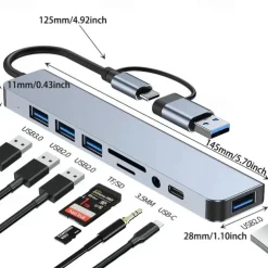 8 In 1 USB Hub Dual Purpose Hub With USB & Type C Interfaces 8-port USB C Hub With USB 3.0 USB 2.0 Micro SD/TF Card Reader Microphone/audio & Other Interfaces