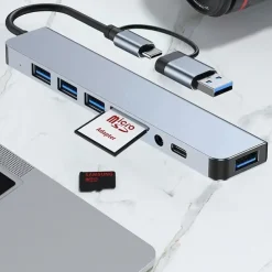 8 In 1 USB Hub Dual Purpose Hub With USB & Type C Interfaces 8-port USB C Hub With USB 3.0 USB 2.0 Micro SD/TF Card Reader Microphone/audio & Other Interfaces